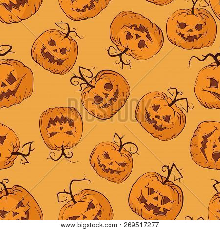 Vector Halloween Seamless Pattern With Pumpkins. In Orange Colors.