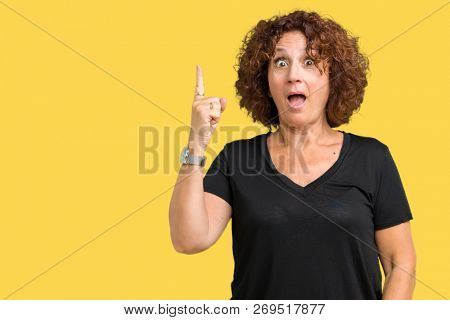 Beautiful middle ager senior woman over isolated background pointing finger up with successful idea. Exited and happy. Number one.