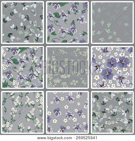 Seamless Colorful Pattern With Leaves And Bellflowers, Violet Leaves, Violaceous Flowers And Small W