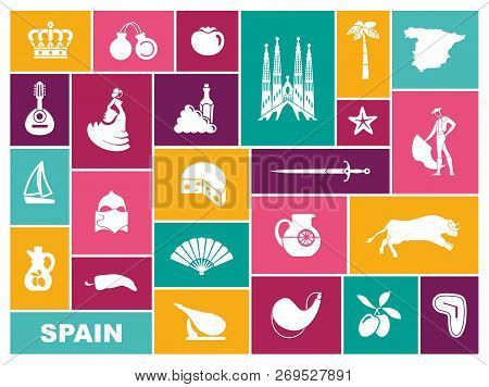 Traditional Symbols Of Spain. Flat Vector Icons