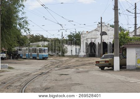 Evpatoria, Crimea, Russia - July 1, 2018: Tram Depot On Belinsky Street In The City Of Evpatoria, Cr