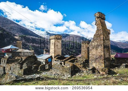 Picturesque Landscape Of Aged Georgian Rural Community Ushguli With Typical Svaneti Defensive Tower 