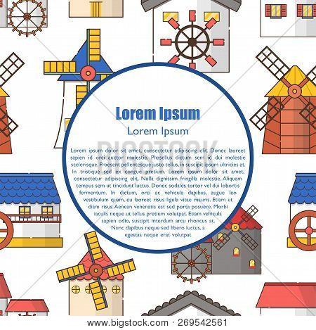 Vector Illustration With Set Of Cartoon Flat Windmills And Watermills Of Different Types Isolated On