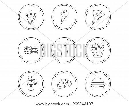 Hamburger, Pizza And Soft Drink Icons. Tea Bag, Meat And Chips Fries Linear Signs. Ice Cream, Carrot