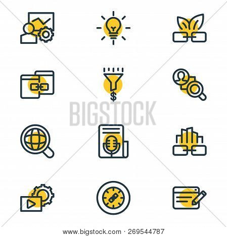 Vector Illustration Of 12 Advertisement Icons Line Style. Editable Set Of Global Search, Link Buildi