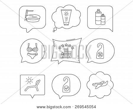 Hotel, Swimming Pool And Beach Deck Chair Icons. Sun Cream, Do Not Disturb And Clean Room Linear Sig