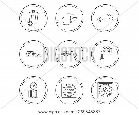 Ventilation, Radiator And Water Counter Icons. Toiler Paper, Gas And Electricity Counters Linear Sig