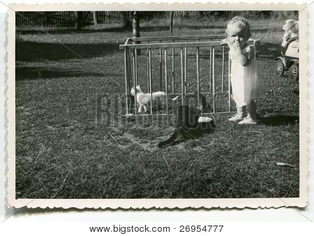 Vintage unretouched fotó baba lány játszik a macskák