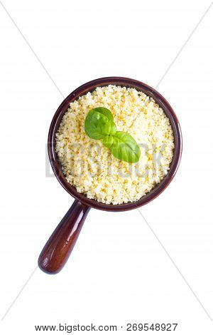 Food Concept Cooked Couscous In Brown Ceramic Bolw Isolated On White Background