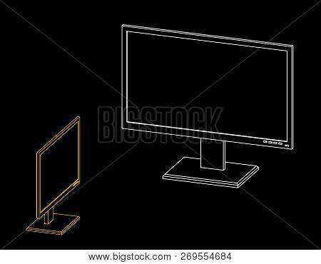 Computer Monitor. Isolated On Black Background. Vector Outline Illustration. Dimetric Projection.