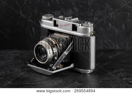 Moscow, Russia, January 03, 2018. The Old Soviet Medium Format Rangefinder Camera Iskra, Released196
