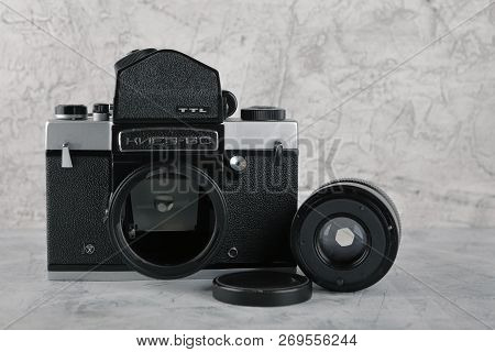 Moscow, Russia, April 17, 2017. The Old Soviet Medium Format Slr Camera Kiev-6c, Released1982.