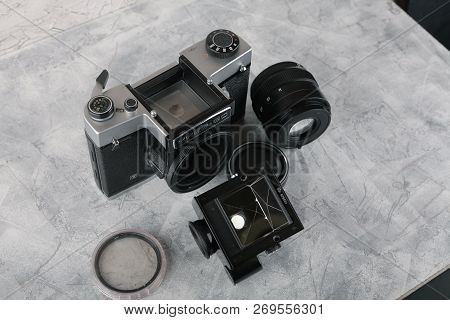 Moscow, Russia, April 17, 2017. The Old Soviet Medium Format Slr Camera Kiev-6c, Released1982.
