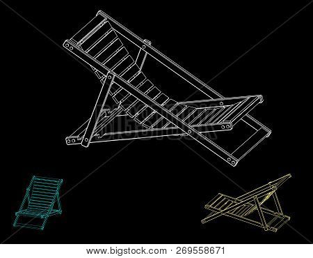 Chaise Lounge.  Isolated On Black Background. Vector Outline Illustration. Dimetric Projection.