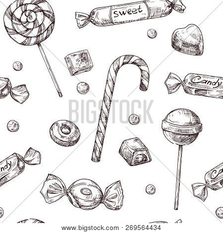 Seamless Candy Background. Sketch Chocolate Candy, Lollipop And Marmalade Sweets, Hand Drawn Vector 