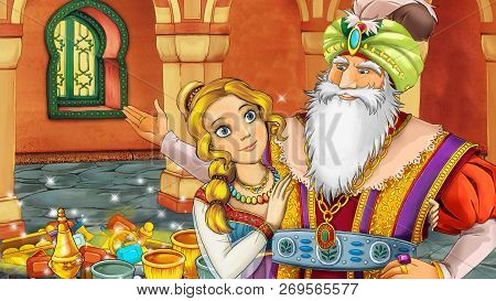 Cartoon Scene With Medieval Arabic Room With Treasures And Prince Or King - Far East Ornaments - The