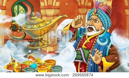 Cartoon Scene With Medieval Arabic Room With Treasures And Prince Or King - Far East Ornaments - The
