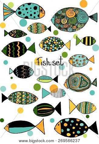 Illustration With Fishes. Funny Fish Outline Art.