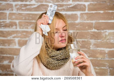 What To Know About Breaking Fever. Girl Suffer Fever And Take Medicine. Headache And Fever Remedies.