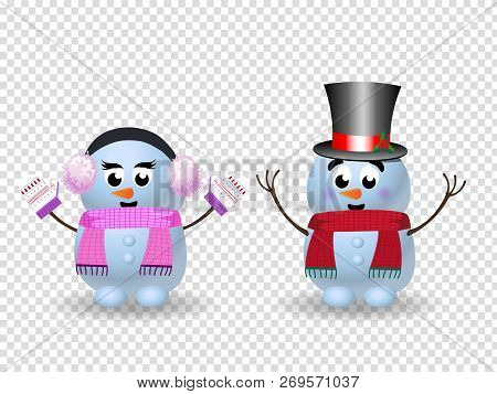 Cute Cartoon Snowmen Girl And Boy On Transparent Background.