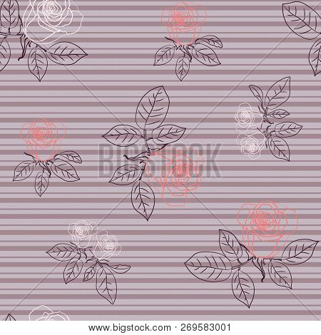 Seamless Pattern With Roses On Striped Background. Vector Illustration.