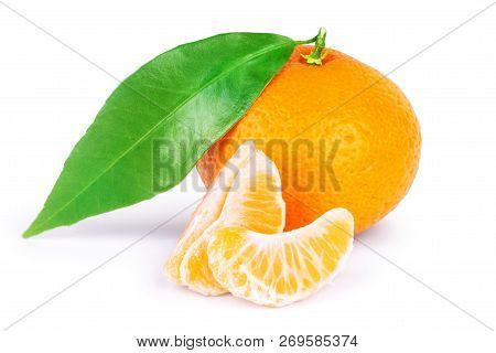 Ripe Tangerines With Leaves And Slices On White Background