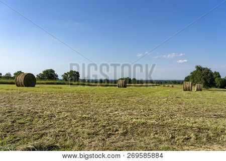 Country Landscape At Summer Near Boves, Cuneo, Piedmont, Italy. Field With Bales