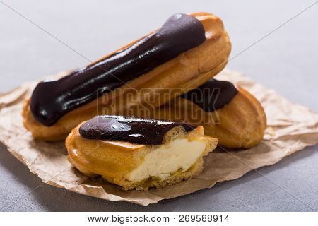 French Dessert Eclair With Chocolate .