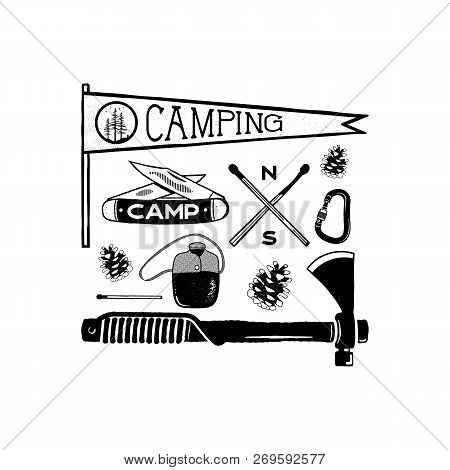 Vintage Hand Drawn Camping Adventure Shapes. Hiking Symbols - Pennant, Knife, Matches, Axe And Other