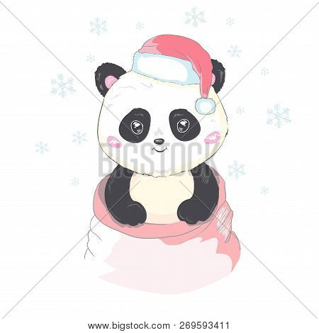 Cute Panda In Santas Hat In Red Bag With Gifts Vector Image Isolated. Cartoon Panda Bear Gets Out Of