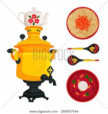 Samovar And Borshch Dish Served With Sour Cream In Wooden Bowl With Decorative Spoons Set. Russian I