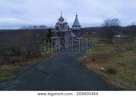 View Of The Ancient Wooden Church Of Dmitry Solunsky On A November Cloudy Evening (shot From A Quadc