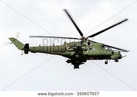 Gilze-rijen, Netherlands - May 30, 2018: Polish Air Force Mi-24 Hind Attack Helicopter Arriving At G