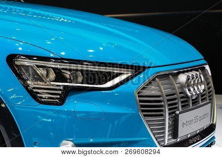 Paris - Oct 3, 2018: Audi E-tron First All-electric Suv Car Presented At The Paris Motor Show.