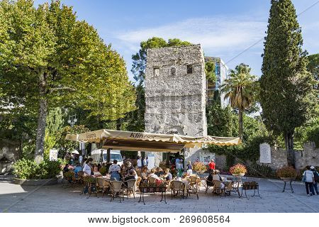 Ravello - October 5: People And Tourists Enjoy Coffee Time In The Main Square On October 5, 2014 In 