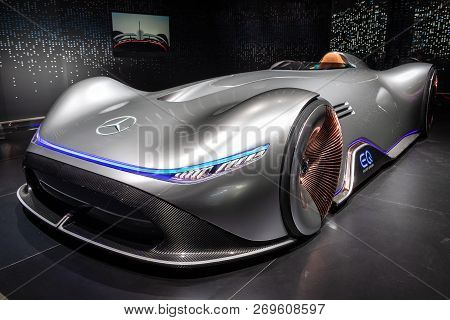 Paris - Oct 3, 2018: Mercedes Benz Concept Eq Silver Arrow Electric Intelligence Car Showcased At Th