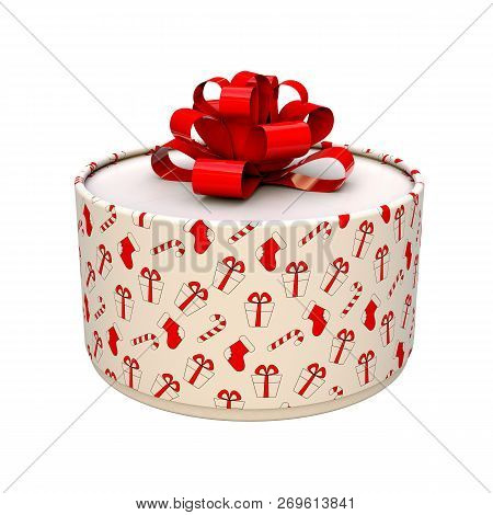 Box With A Round Shaped Gift With A Red Bow. 3d Illustration