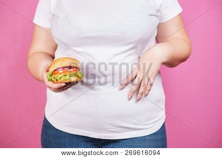 Weight Loss, Overweight, Plus Size, Diet, Unhealthy Eating, Fast Food, Overeating. Fat Woman With Ha