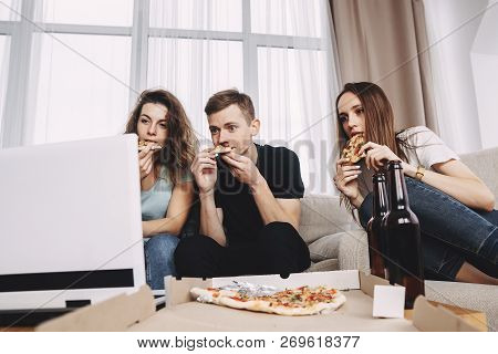 Food Delivery, Home Party, Conversation And Leisure, Social Media. Company Of Friends Engrossed In W
