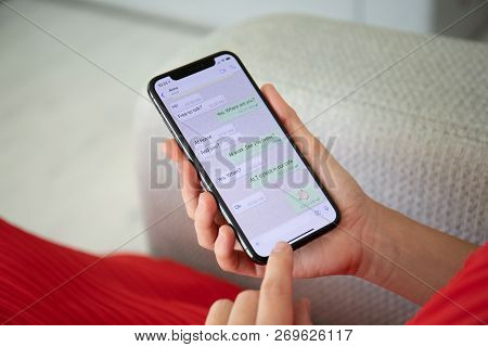 Alushta, Russia - September 27, 2018: Woman Holding Iphone X With Social Networking Service Whatsapp