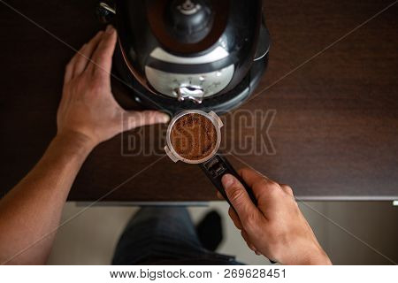Photo Of Coffee Maker, Man Hand Pouring Coffee In Kitchen