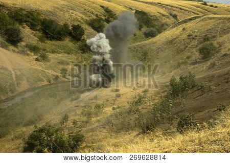 Explosion At A Military Training Ground. Destruction Of Training Objectives