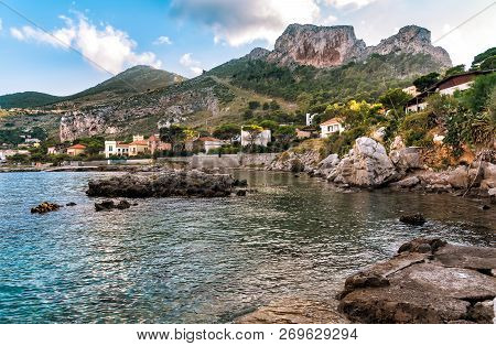 View Of The Sferracavallo Gulf And Capo Gallo Mount, Province Of Palermo, Sicily.