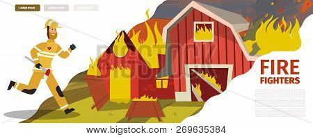 Vector Illustration Cartoon Fire Extinguishing. Banner Image Fire Fighters. Fireman Rushes To Rescue