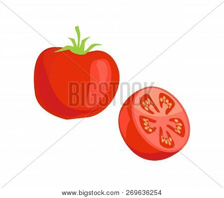 Tomato Grocery Food Sign Isolated Icons Vector. Half Of Vegetable And Whole Veggie. Red Plant With S