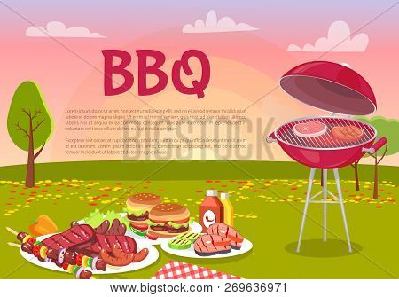 Bbq Beef Roasting Meat Poster. Grille Beefsteaks Cooking In Park. Picnic With Served Plates, Hamburg