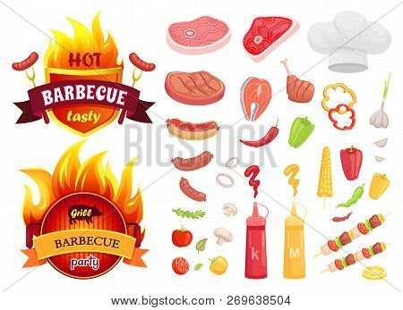Hot Bbq Barbecue Isolated Icons Set Vector. Meat Slices, Beef And Pork, Roasted Salmon And Vegetable