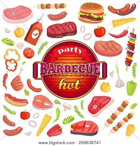 Party Barbecue Hot Isolated Icons Set Vector. Frying Pan And Text On Ribbon. Sauce And Meat Types, H