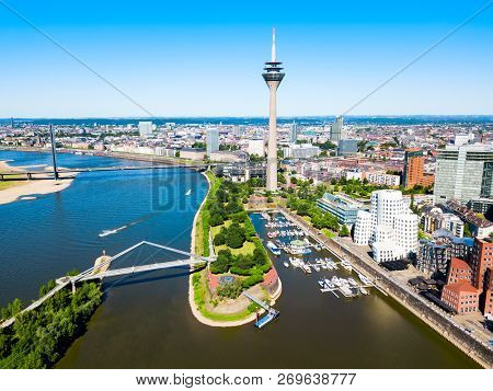 Rheinturm And Media Harbour District In Dusseldorf City In Germany