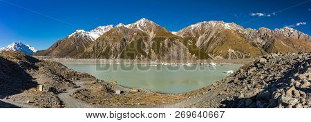 Blue Lakes and the mountains on the Tasman Valley Walk and Tasman Glacier View, South Island, New Zealand